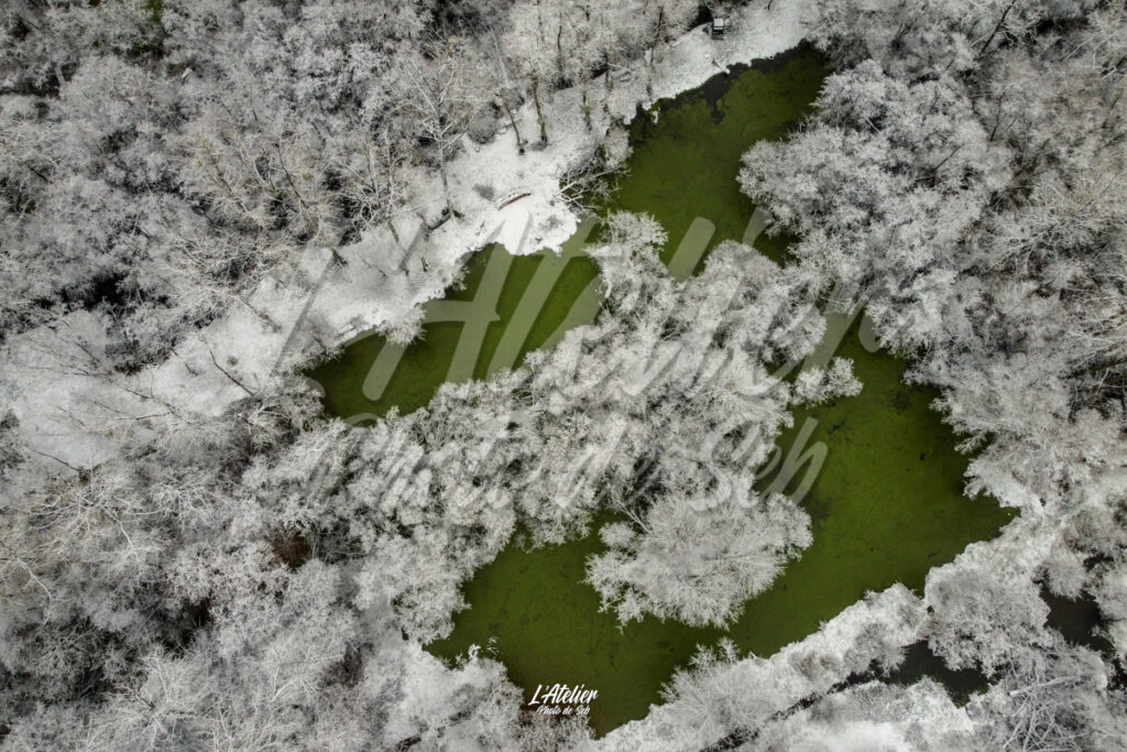 Photographie photo lac fôret neige drone